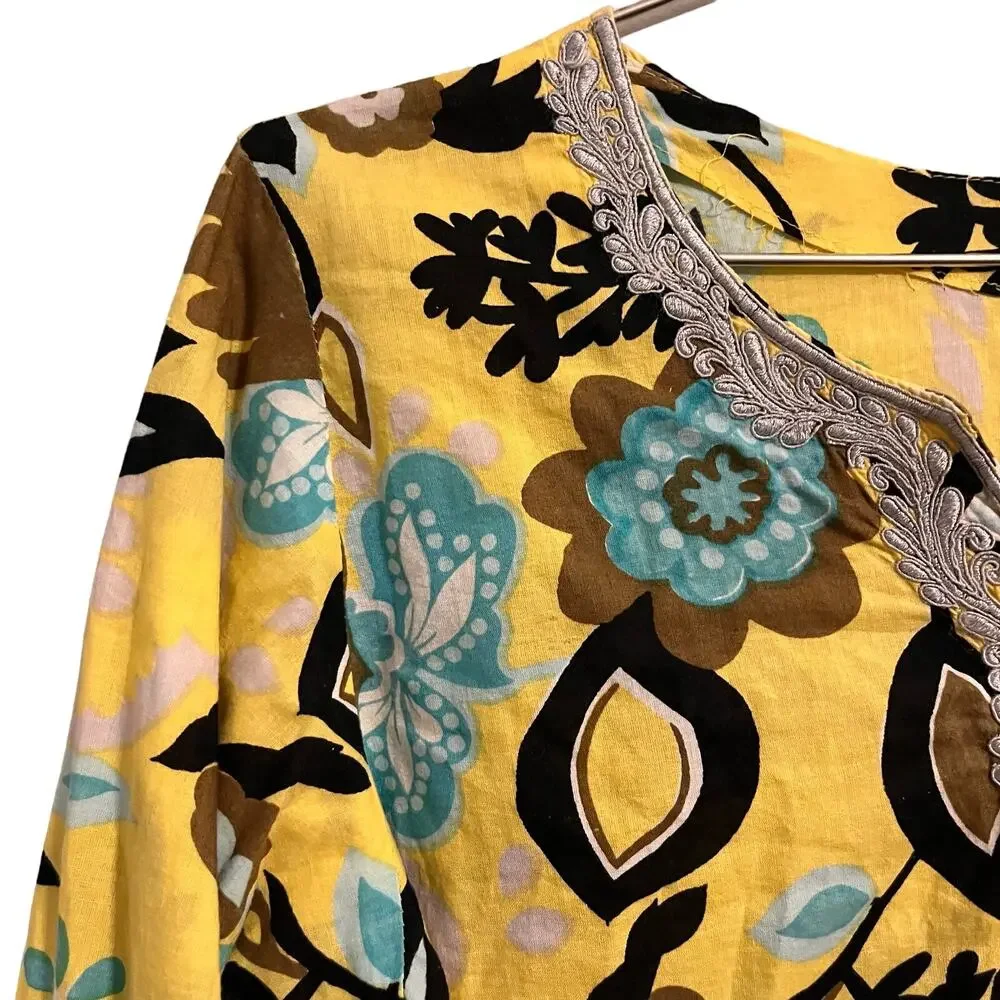Rungolee Womens Yellow & Blue Floral 3/4 Sleeve Beach Cover Up S